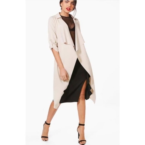 Boohoo Jenna Waterfall Belted Duster Jacket Size L - Picture 1 of 8